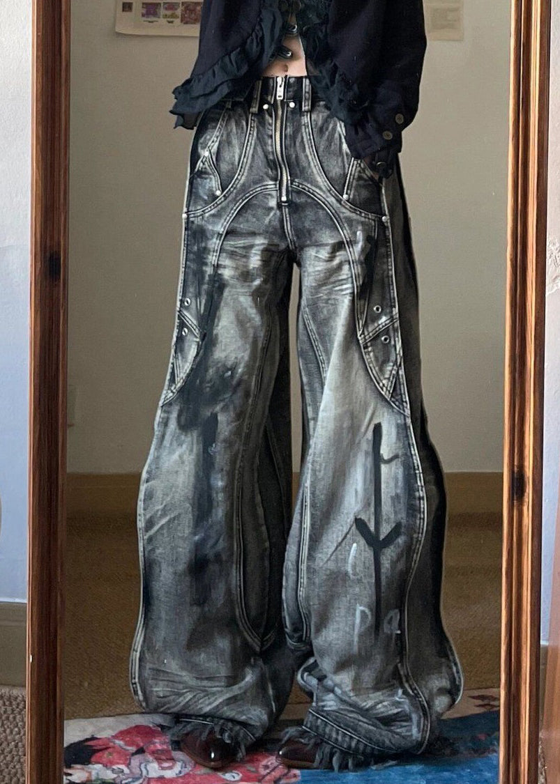 Unique Zip Up Pockets Original Design Neutral Denim Pants Fall Uy058