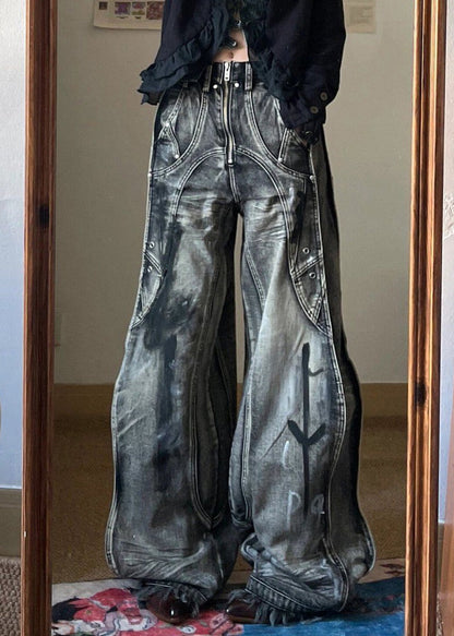 Unique Zip Up Pockets Original Design Neutral Denim Pants Fall Uy058