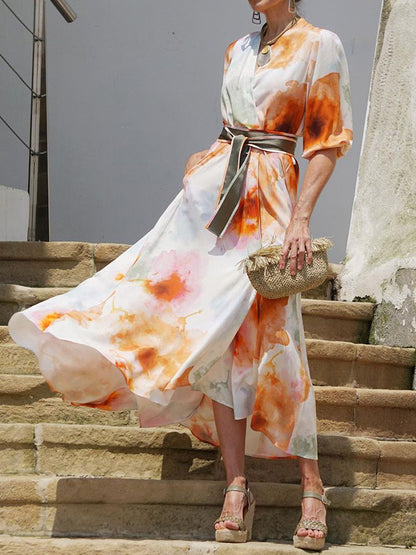 V Neck 3/4 Sleeves Printed Lace-up Swing Maxi Dress
