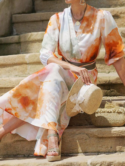 V Neck 3/4 Sleeves Printed Lace-up Swing Maxi Dress