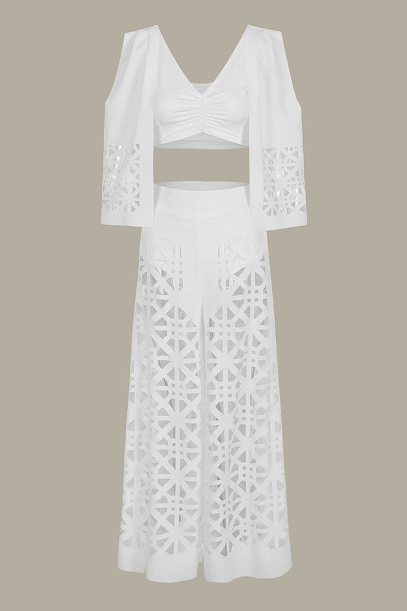 V Neck Fake Two-piece Crop Top Hollow Out Pants Set