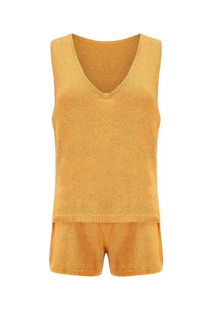 V Neck Knit Tank Top Shorts Suits