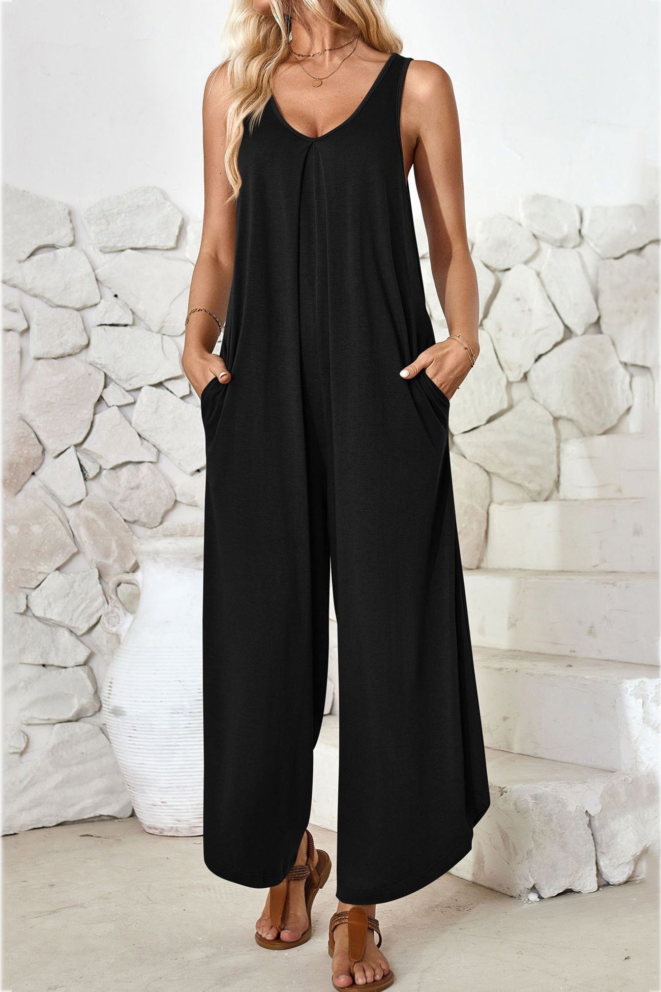 V Neck Irregular Hem Cotton Jumpsuits