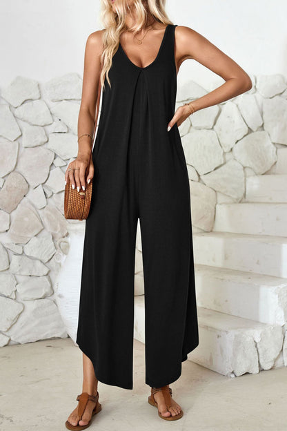 V Neck Irregular Hem Cotton Jumpsuits