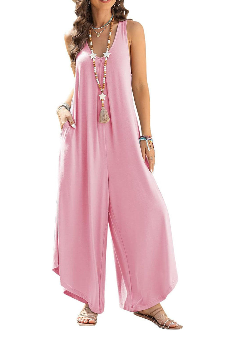 V Neck Irregular Hem Cotton Jumpsuits