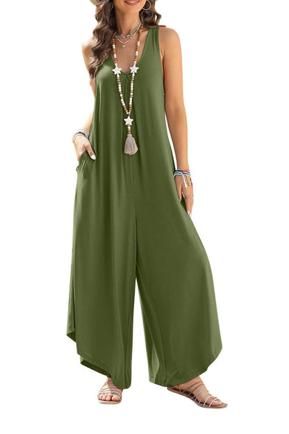 V Neck Irregular Hem Cotton Jumpsuits