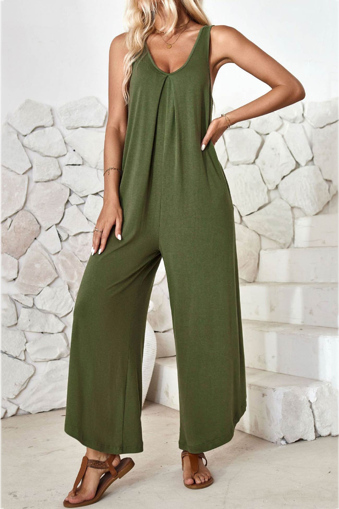 V Neck Irregular Hem Cotton Jumpsuits