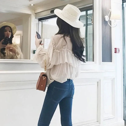 See Through Mesh Ruffle Blouse