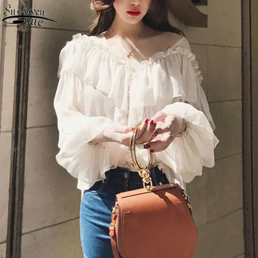 See Through Mesh Ruffle Blouse