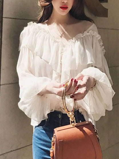 See Through Mesh Ruffle Blouse