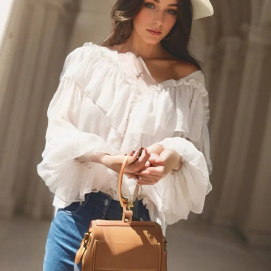 See Through Mesh Ruffle Blouse