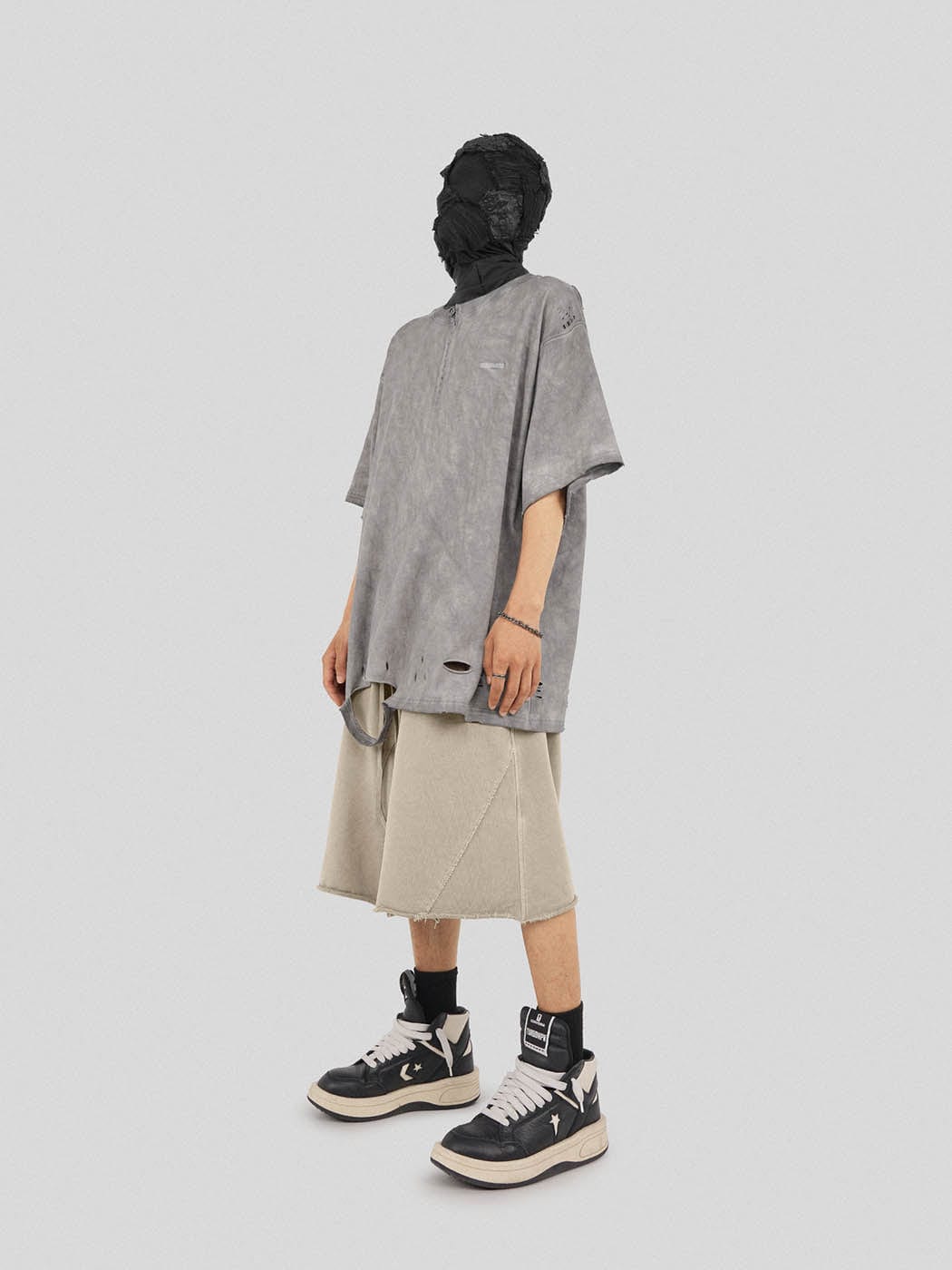 Distressed Gray Zip-up Oversized T-shirt