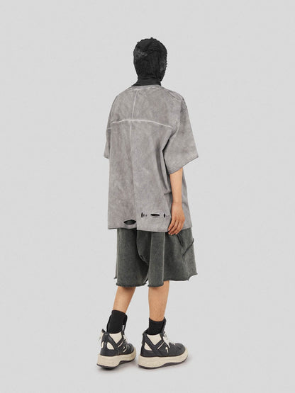 Distressed Gray Zip-up Oversized T-shirt