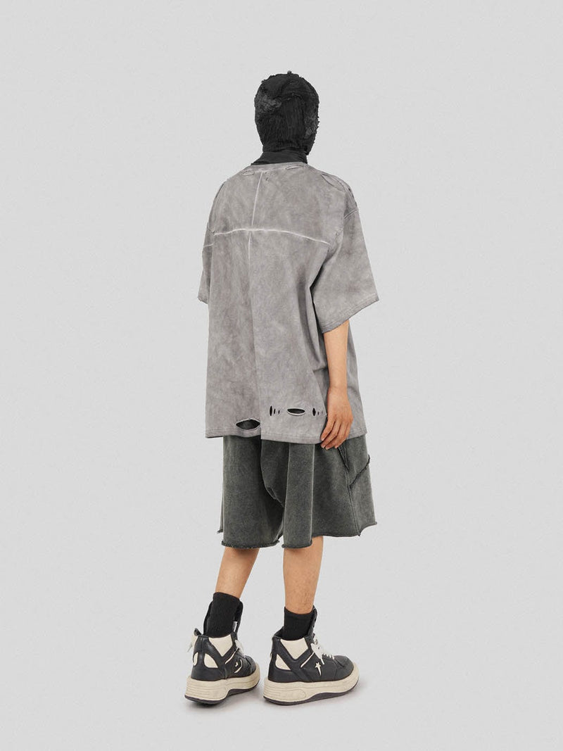 Distressed Gray Zip-up Oversized T-shirt
