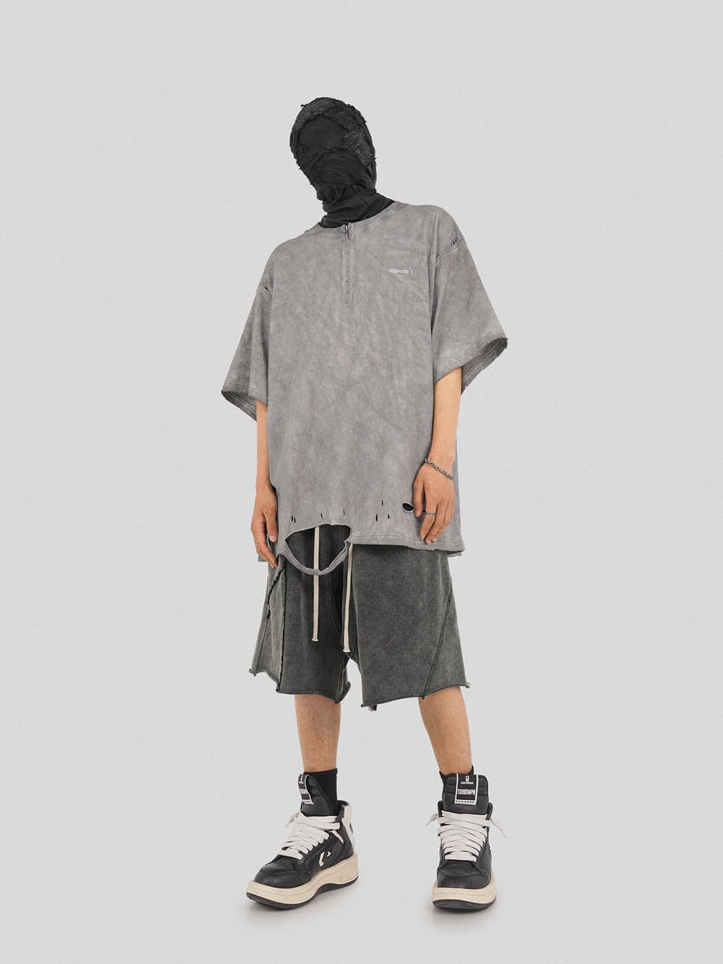Distressed Gray Zip-up Oversized T-shirt