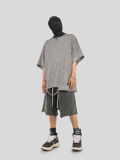 Distressed Gray Zip-up Oversized T-shirt