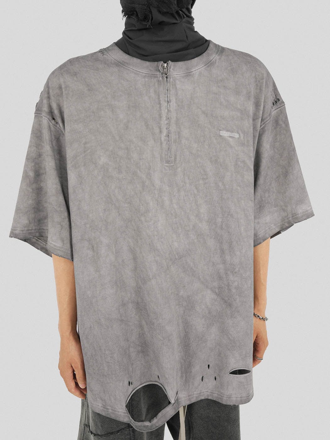 Distressed Gray Zip-up Oversized T-shirt