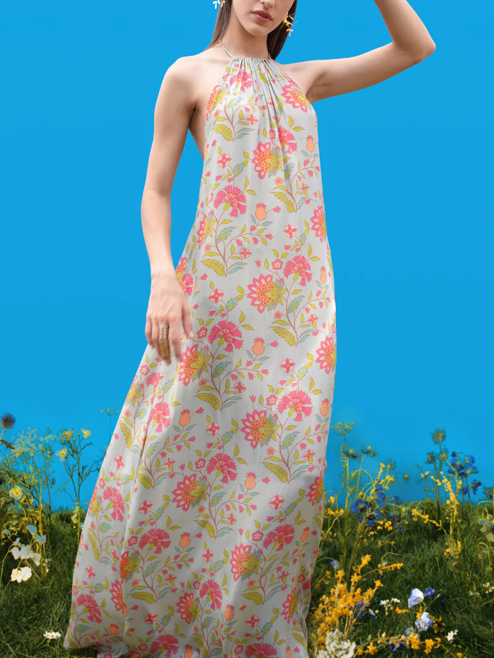 Halter-back Hand-drawn Prints Maxi Dress
