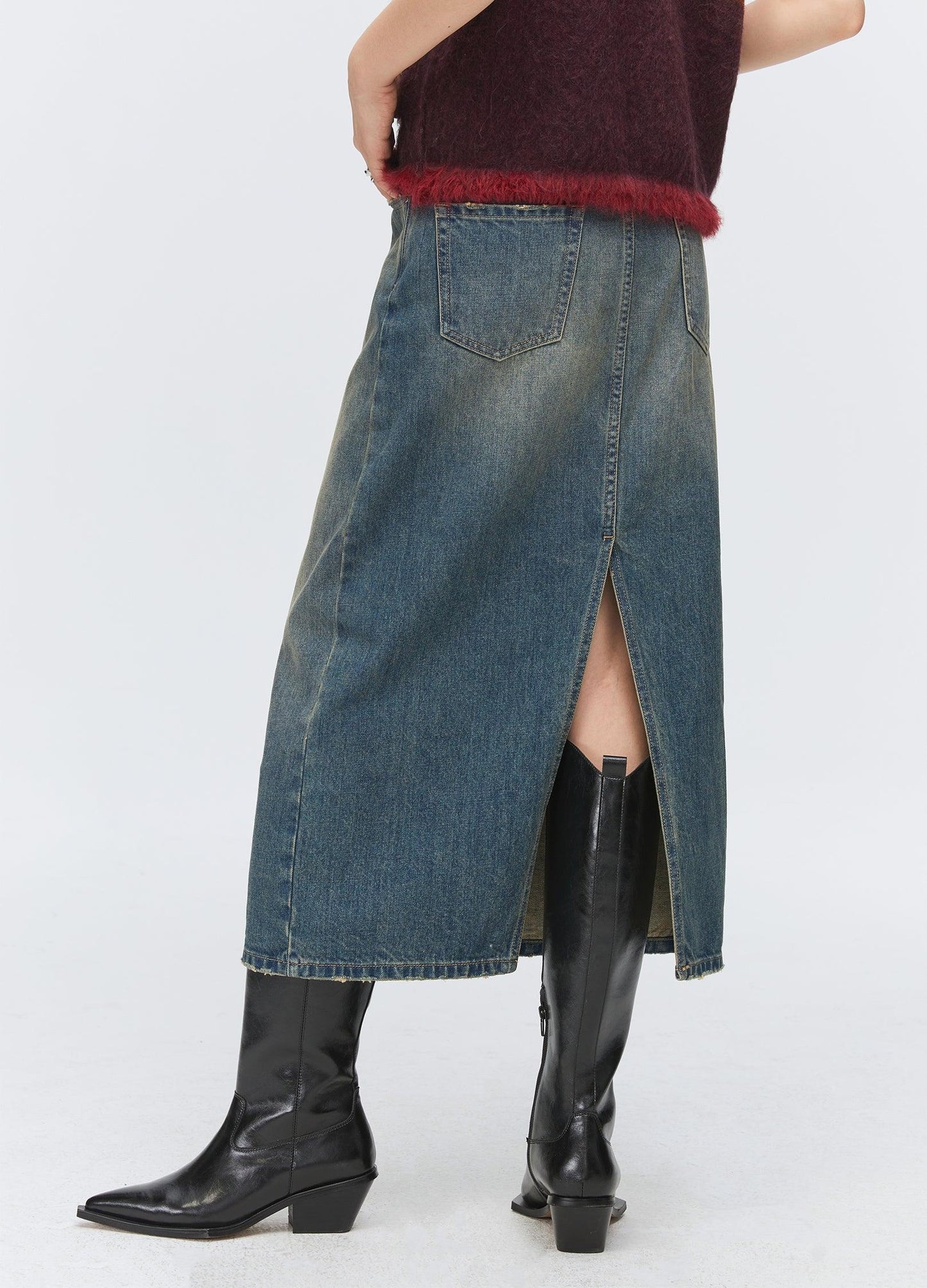 Washed Denim Split Skirt