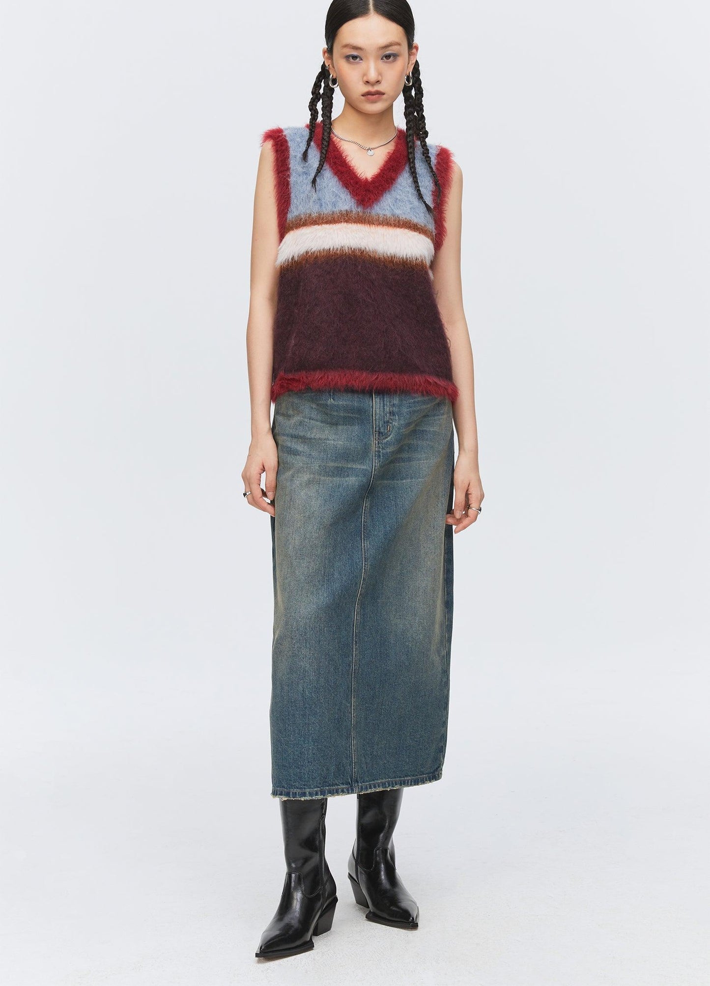 Washed Denim Split Skirt
