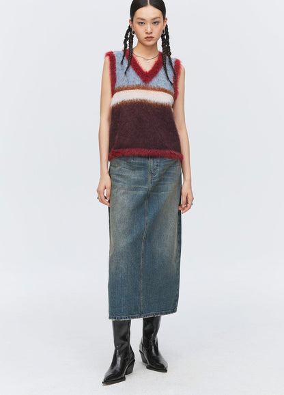 Washed Denim Split Skirt