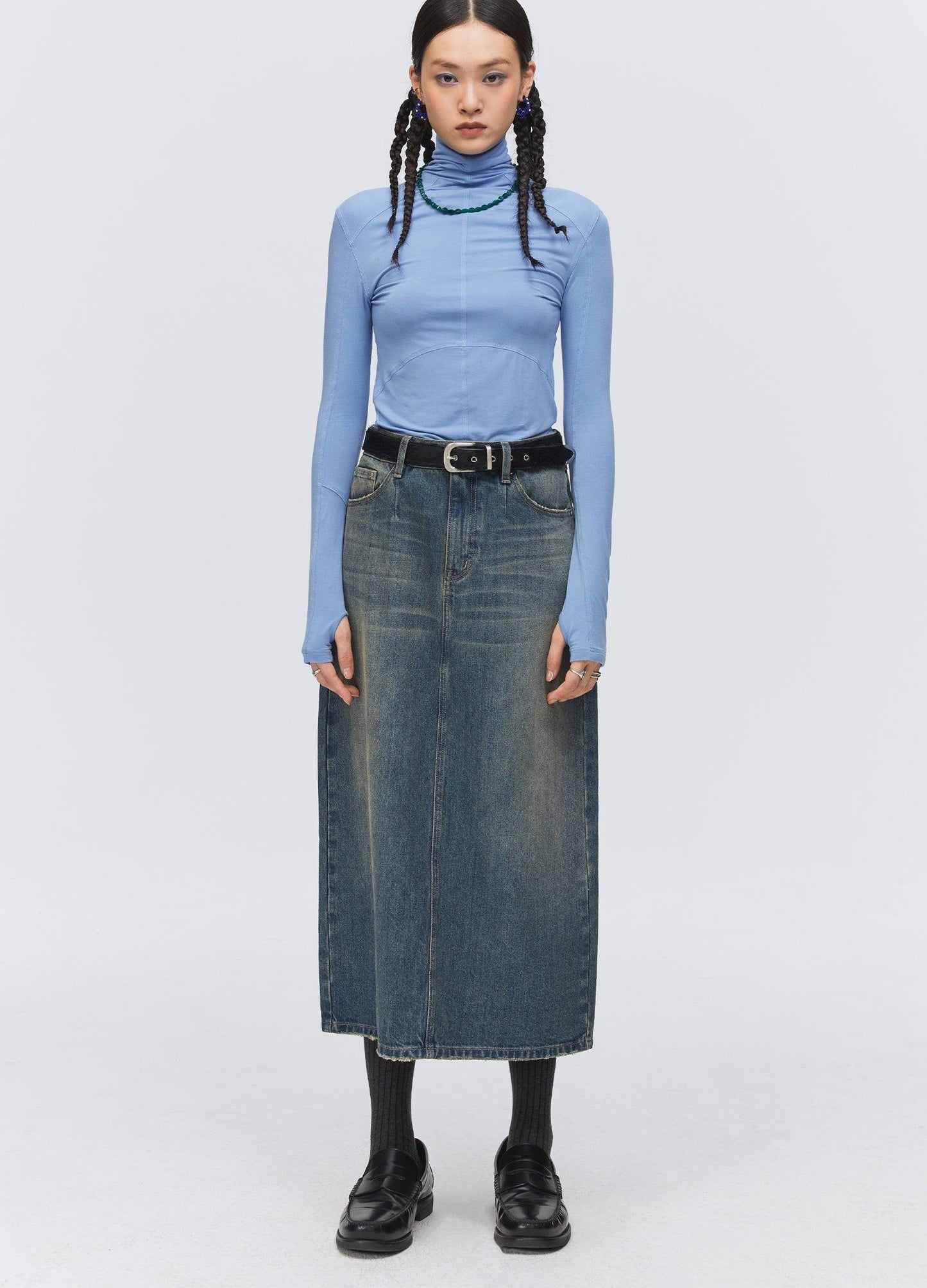 Washed Denim Split Skirt