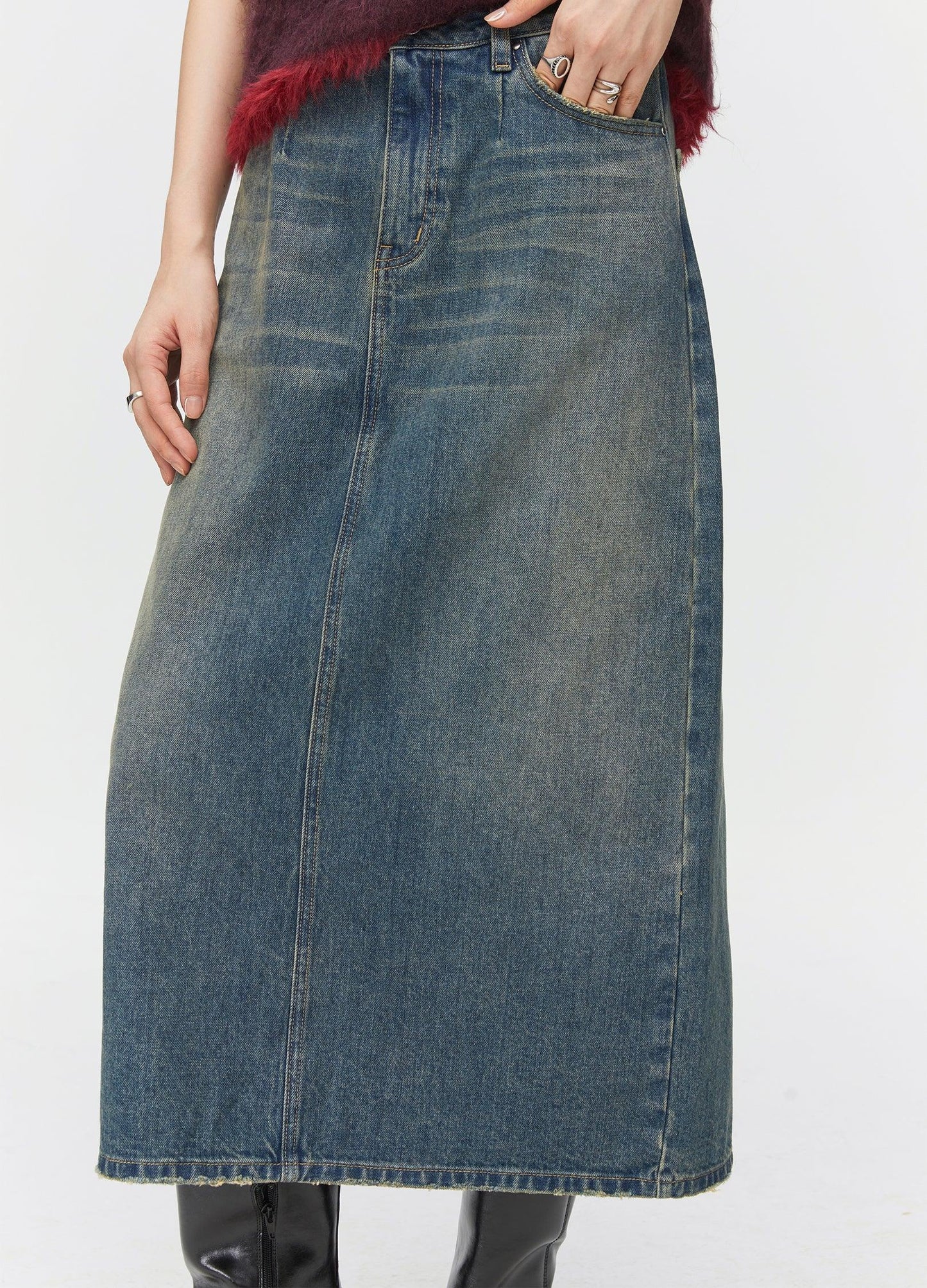 Washed Denim Split Skirt