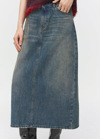 Washed Denim Split Skirt