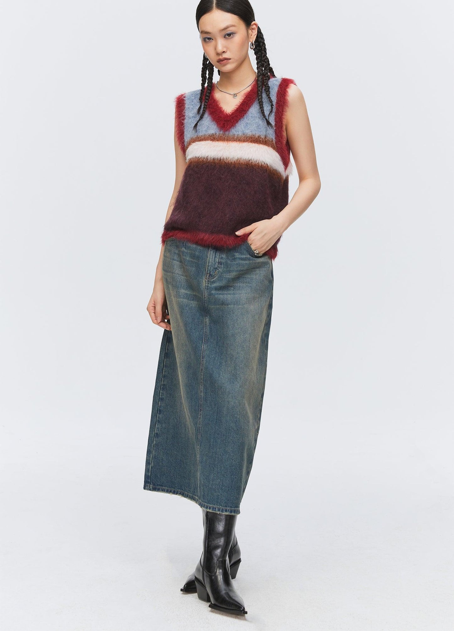 Washed Denim Split Skirt