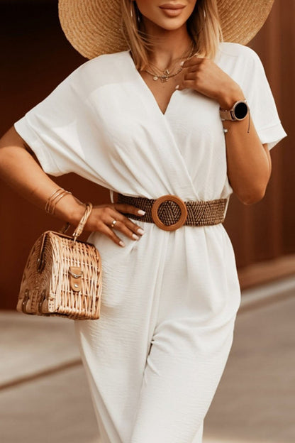 V Neck Batwing Sleeve Waist Tie Jumpsuits
