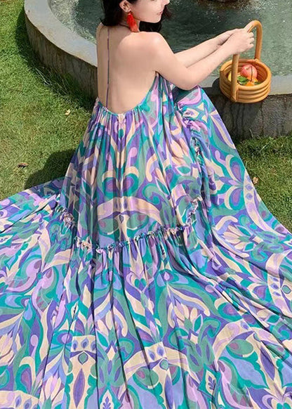 Vacation Style Blue Print Backless Large Hem Long Dress Summer Ee1021