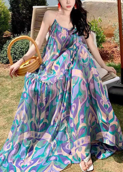 Vacation Style Blue Print Backless Large Hem Long Dress Summer Ee1021