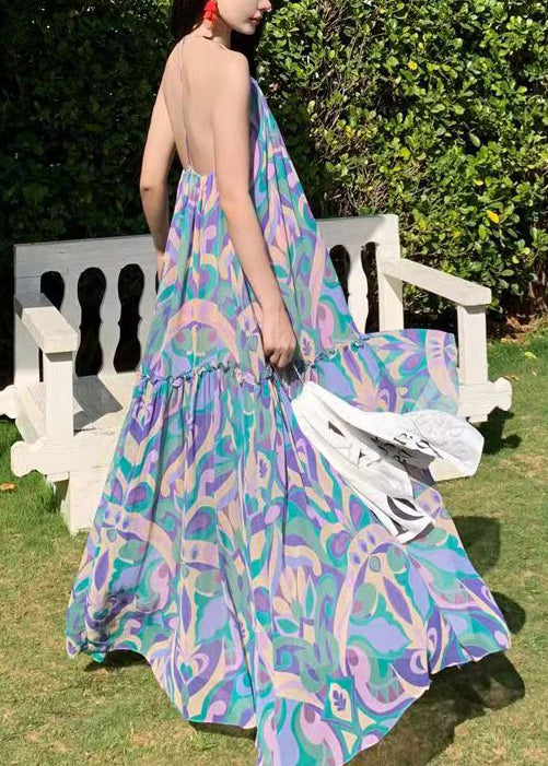 Vacation Style Blue Print Backless Large Hem Long Dress Summer Ee1021