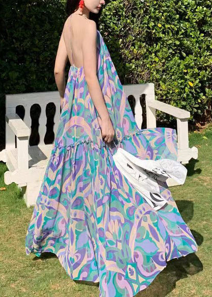 Vacation Style Blue Print Backless Large Hem Long Dress Summer Ee1021