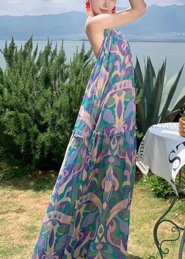 Vacation Style Blue Print Backless Large Hem Long Dress Summer Ee1021