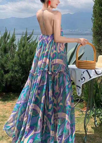 Vacation Style Blue Print Backless Large Hem Long Dress Summer Ee1021