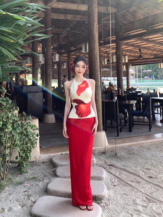 Vacation Backless Halter Top & Red Skirt Two-piece Set
