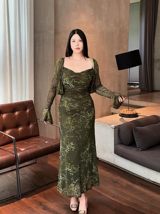 Velvet Two-piece Slip Dress Set · Plus-size Dress + Light Cardigan