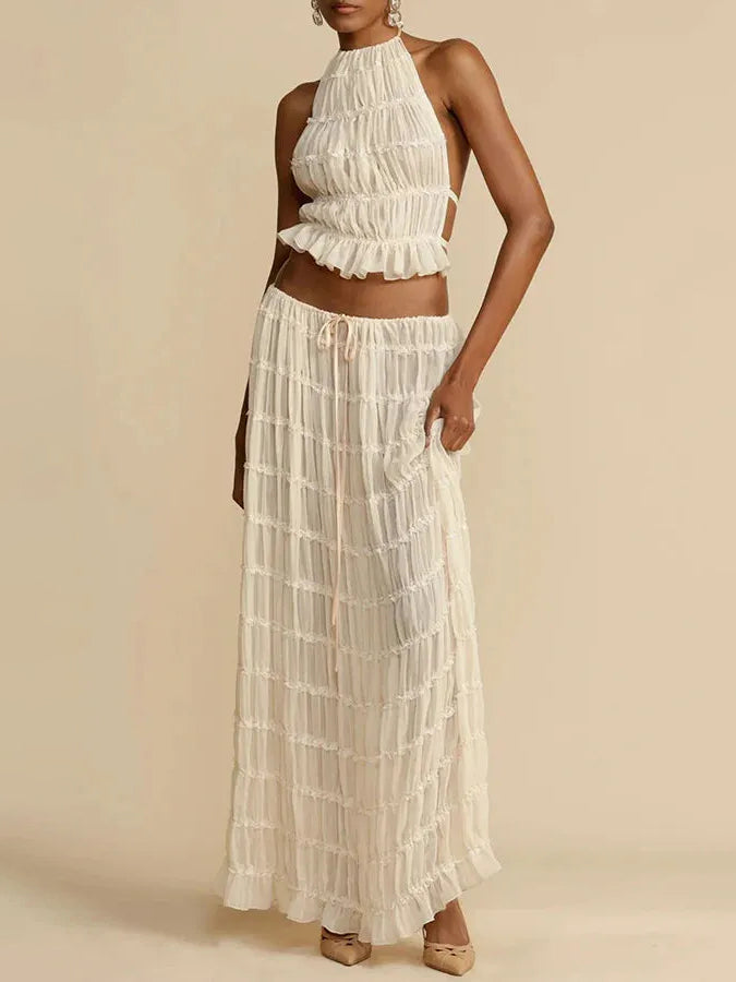 Versatility and Charm Pleated Drawstring Waist Tiered Maxi Skirt