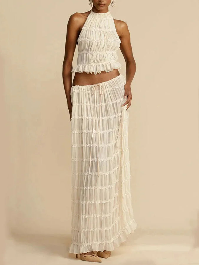 Versatility and Charm Pleated Drawstring Waist Tiered Maxi Skirt