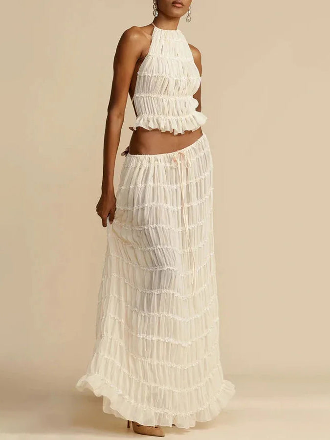 Versatility and Charm Pleated Drawstring Waist Tiered Maxi Skirt
