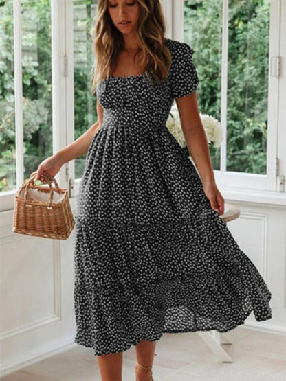 Vestidos Print Puff Sleeve Beach Sweet Square Maxi Long Festa Midi Dresses