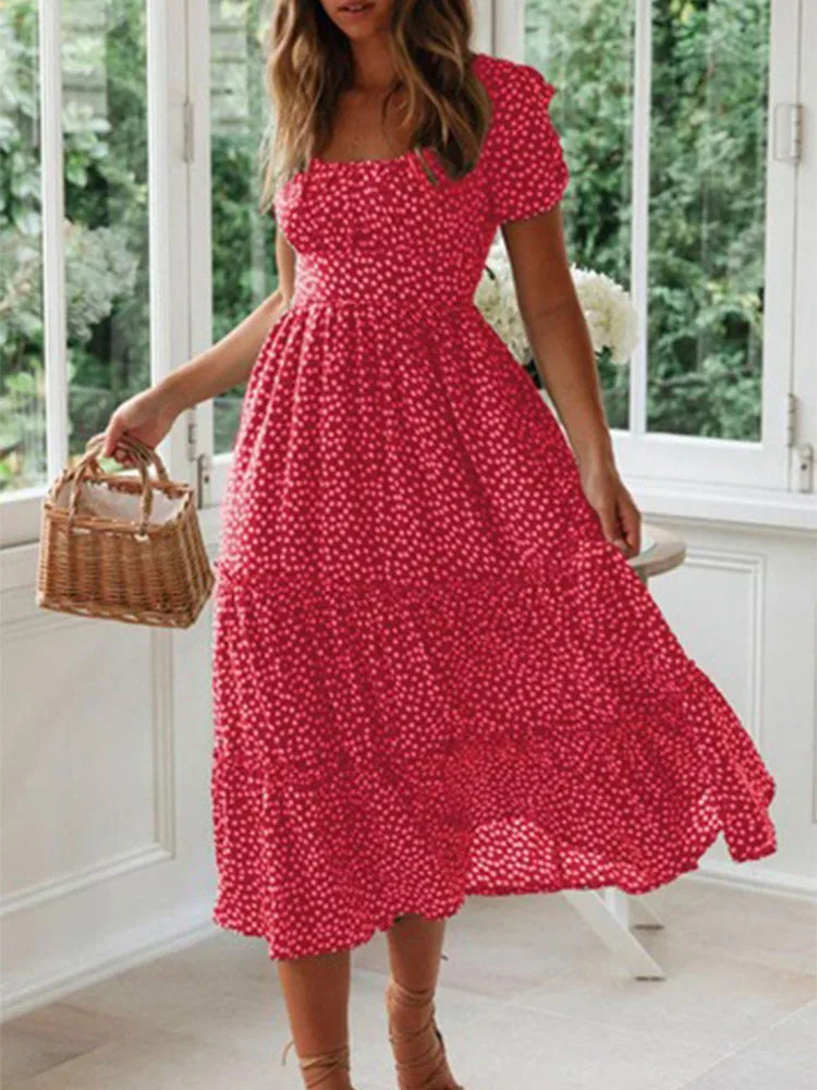 Vestidos Print Puff Sleeve Summer Beach Sweet Dresses Square Collar Maxi Long Dress Festa