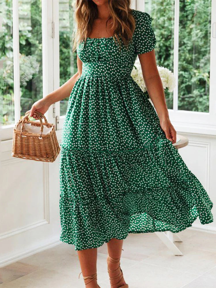 Vestidos Print Puff Sleeve Beach Sweet Square Maxi Long Festa Midi Dresses
