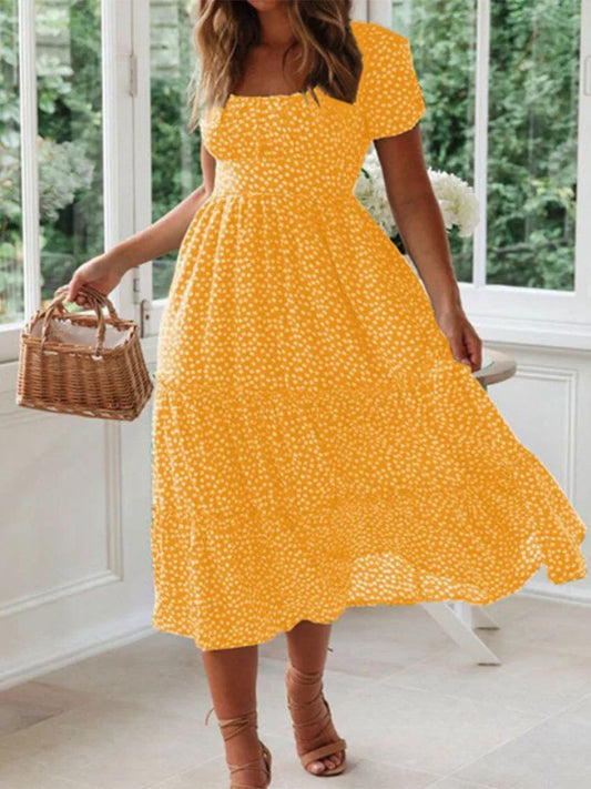 Vestidos Print Puff Sleeve Summer Beach Sweet Dresses Square Collar Maxi Long Dress Festa