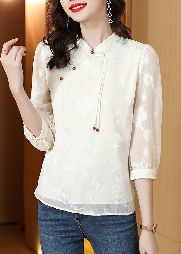 Beige Mandarin Collar Tassel Jacquard Silk Blouses Half Sleeve Ly0421