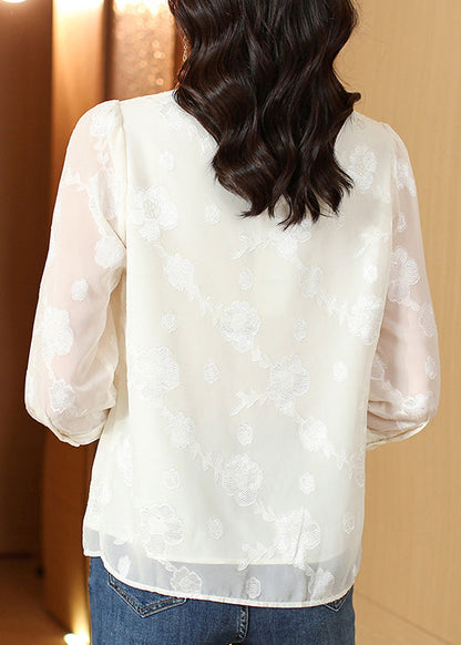 Beige Mandarin Collar Tassel Jacquard Silk Blouses Half Sleeve Ly0421