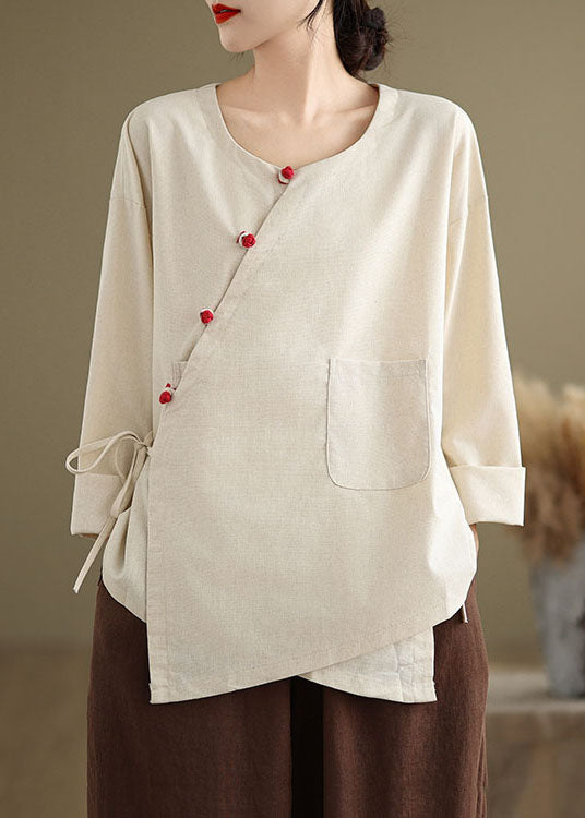 Beige O Neck Lace Up Patchwork Cotton Blouse Top Spring Tj010