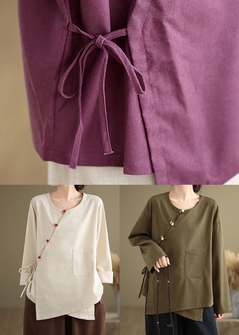 Purple Pockets Patchwork Cotton Blouses O Neck Lace Up Spring Tj011