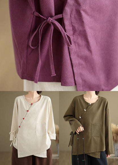 Beige O Neck Lace Up Patchwork Cotton Blouse Top Spring Tj010